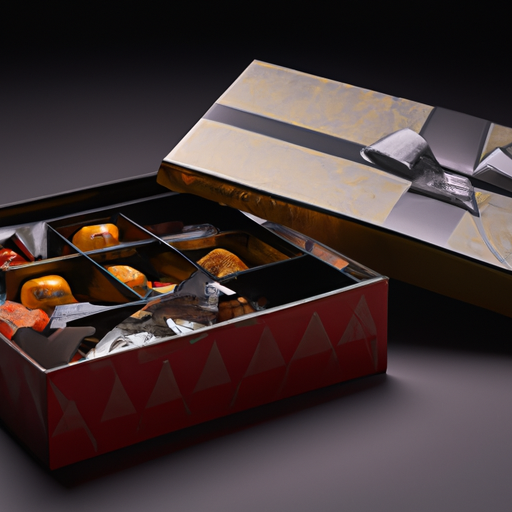 צילום של מראה חיצוני של קופסת שוקולד יוקרתית, כשהקופסה פתוחה כדי להראות את השוקולדים בפנים.