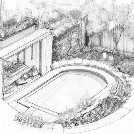 סקיצה של עיצוב בריכה יוקרתית בחצר האחורית עם גינות מעוצבות המקיפות אותה